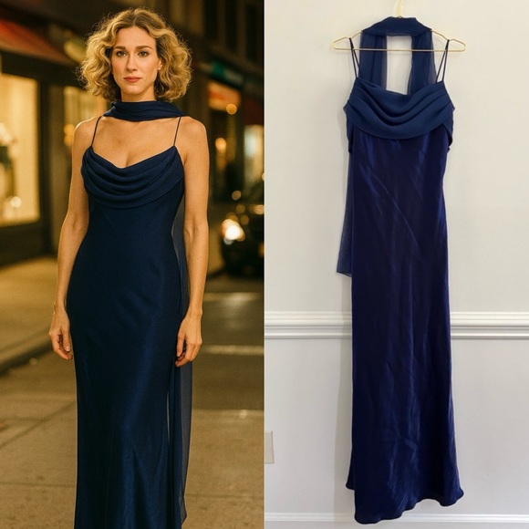 Blue Satin Maxi Dress With Scarf Sz XL Cobalt / Navy Vtg Y2K - Picture 1 of 6